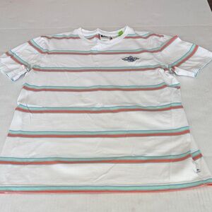Quiksilver White Tee with Coral & Aqua Stripes